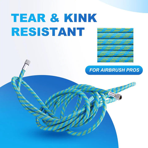 Premium Pro Grade 10 Foot Braided Airbrush Hose With US Quick Connect And One Eighth To One Quarter Inch Adapter Fits Iwata Badger Harder And Steenbeck And Other Mainstream Airbrushes, showing durable braided design.