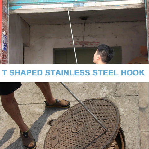 Heavy Duty Stainless Steel Manhole Cover Hook With Sturdy T Shaped Handle Design lifting a manhole cover with human feet visible.