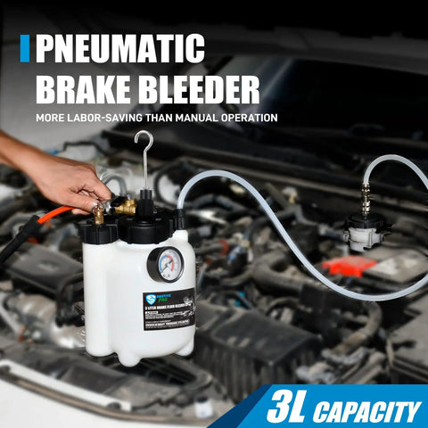One Person Pneumatic Brake Bleeder Kit With 3L Fluid Reservoir in use, easy single operator brake bleeding over engine bay.
