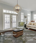 Orb Farmhouse Chandelier 4 Light Handmade Wood Rustic Vintage Pendant illuminating cozy living room.