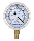 Front view of MeasureMan 2-1/2 in HVAC compound gauge in stainless steel case with brass lower-mount fitting
