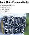 Metal Letter Stamp Set With Chinese Zodiac Rooster Pattern 5mm Punch Kit held in a gloved hand