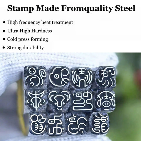 Metal Letter Stamp Set With Chinese Zodiac Rooster Pattern 5mm Punch Kit held in a gloved hand