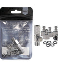 Airbrush Quick Release Disconnect Coupler Kit With Adjustable Valve Easy Connect No Screw Hassle Includes Four Extra Female Fittings And Five O Ring Set One Eighth Inch Male To One Eighth Inch Female Hose Connections displayed in packaging with additional parts