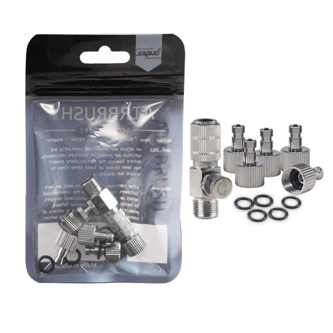 Airbrush Quick Release Disconnect Coupler Kit With Adjustable Valve Easy Connect No Screw Hassle Includes Four Extra Female Fittings And Five O Ring Set One Eighth Inch Male To One Eighth Inch Female Hose Connections displayed in packaging with additional parts