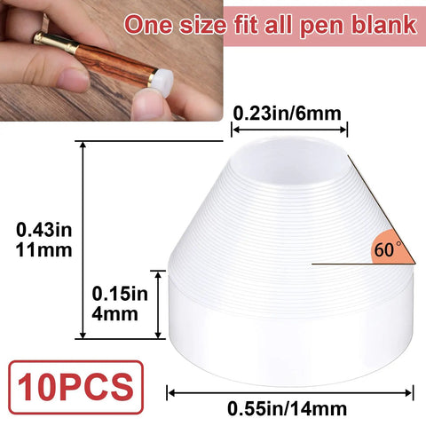 Ten Pack Nonstick Pen Bushings For CA Finishing And Pen Turning, Plastic Insulating Bushings, 0.23 Inch Top Diameter, 6 Mm, 0.55 Inch Bottom Diameter, 14 Mm, 11 mm Length, 60 Degree Cone, White