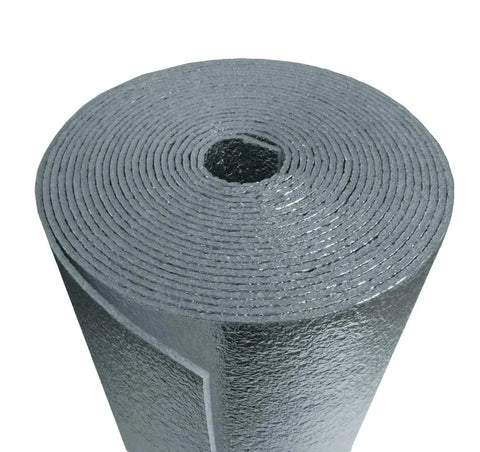 Rolled reflective foam core insulation wrap, 1/4 inch thick, for water heaters 20-80 gallons, featuring the Beefed Up Heavy Duty Reflective Foam Core Water Heater Insulation Wrap For 40 50 60 80 Gallon Tanks Non Fiberglass R8 Insulation 42 Sq Ft Coverage Includes 20 Ft Foil Tape Gas Or Electric Made In USA.