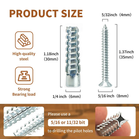 Product size image of Heavy Duty Hollow Wall Anchors With Screws for Stripped Hole Fixes and Wobbly Hinge Fixes features 1.18 inch and 1.37 inch specifications.