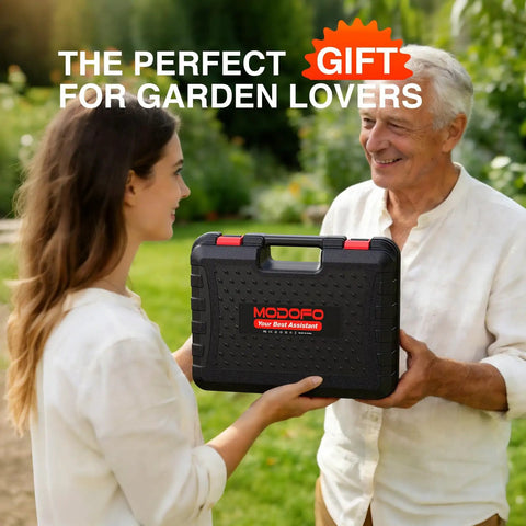 Elderly man receives a gift of cordless electric pruning shears with 2.1 inch cutting capacity and LCD display in a case