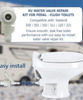 RV Pedal Flush Toilet Water Valve Repair Kit For Select 300 301 310 311 320 321 Series Fits Like A Glove With Freeze Resistant ABS Build And Hassle Free Install Replacement 385311641, white valve and toilet