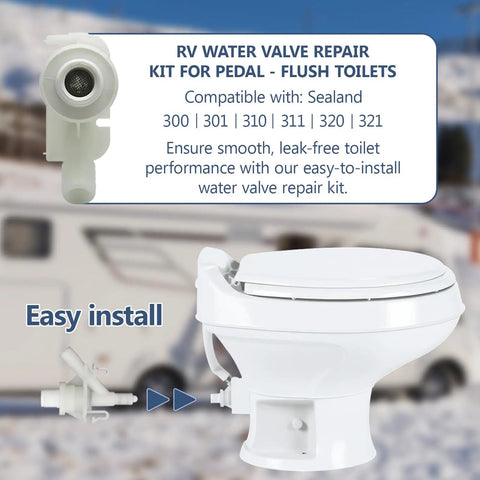 RV Pedal Flush Toilet Water Valve Repair Kit For Select 300 301 310 311 320 321 Series Fits Like A Glove With Freeze Resistant ABS Build And Hassle Free Install Replacement 385311641, white valve and toilet