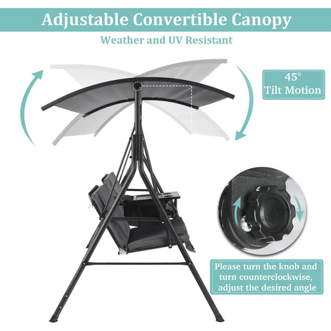 Side view of Two Seat Outdoor Patio Swing Chair with Canopy and Cooler, adjustable canopy detail, weather resistant steel.