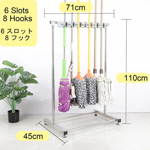 Movable Broom And Mop Holder Rack Stainless Steel Cleaning Tools Organizer for Garage Garden Home Office with 6 slots and 8 hooks.
