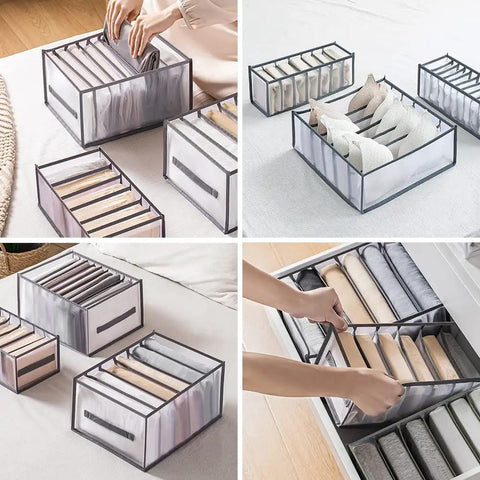Effortless Wardrobe Closet Organizer System with clear drawer dividers for clothes and accessories, shown storing folded garments.