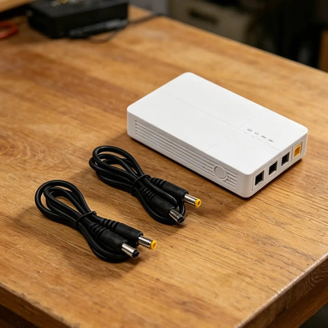 Keep The Wifi Alive With This Solid 7800mAh UPS Battery Backup with DC cables on wooden surface.