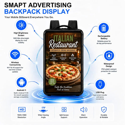Hella Bright 21 5 Inch Lcd Backpack Mobile Ads Watertight Walkaround Digital Outdoor Campaign Marketing Flex Gear Rainproof with pizza ad