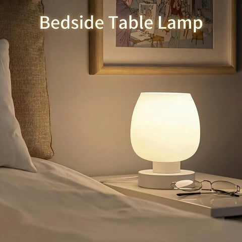Compact Bedside Lamp With 3 Way Dimmable Touch Control, 600 Lumens Opal Glass Shade on nightstand next to bed