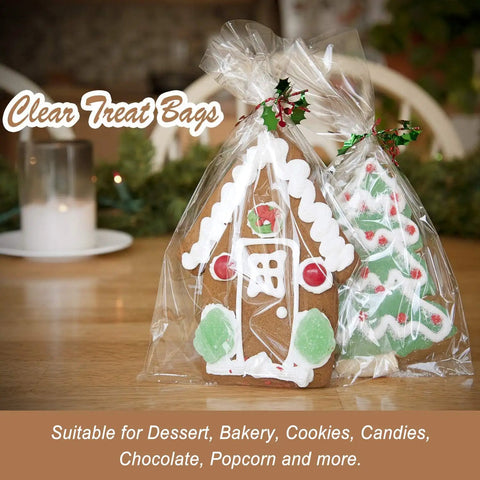 Clear Cellophane Treat Bags 5x7 Inches With 200 Twist Ties Red And Yellow For Gift Wrapping Cookies Desserts Bakery Candies Party Favors