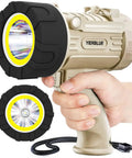Handheld Rechargeable Spotlight And COB Flood Light Combo With 2,200,000 Lumen LED, IP67 Waterproof design in use