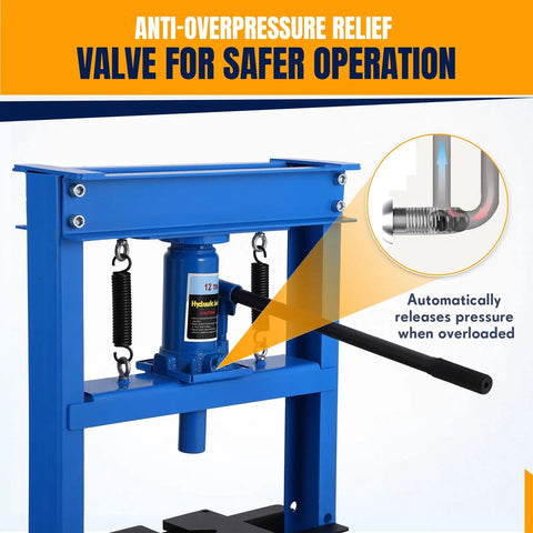12 Ton H Frame Hydraulic Shop Press for Garage and Workshop, Heavy Duty Steel Frame, Adjustable Pressure, Blue