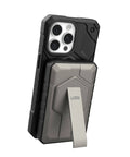 Two Port USB C Magnetic Wireless Portable Charger With 10000mAh Battery On The Go, attached to a phone with kickstand visible.
