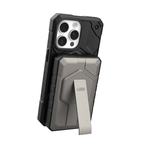 Two Port USB C Magnetic Wireless Portable Charger With 10000mAh Battery On The Go, attached to a phone with kickstand visible.