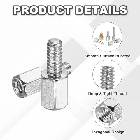 Heavy Duty 24 Pack 4-40 Thread 6mm Nickel Plated Copper Hex Standoffs Built Tough PCB Motherboard Spacer Kit showing hex design and thread details.