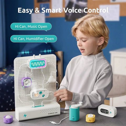 Hands On Circuit Building Kit For Kids With 120 Plus Projects, STEM Toys For Ages 8 To 13, Learn Electronics, Build Real Circuits, Kid Friendly And Absolutely Awesome STEM Activities That Grow With Your Child. child using voice control circuit board