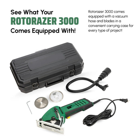 Compact Circular Saw Set For DIY Projects Cut Drywall Tile Grout Metal Pipes PVC Plastic Copper And Carpet With Blades Dust Collector And Case Super Handy As Seen On TV Green with carrying case, blades, and power cord