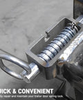 Close-up of Quality Top Shelf Heavy Duty Trailer Gate Latch Weld On Spring Lock Assembly showcasing robust steel spring mechanism.