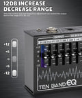 Close-up of 10 Band EQ Pedal for Electric Guitar and Bass With 31.25 Hz to 16 KHz Range showing sliders and output settings.