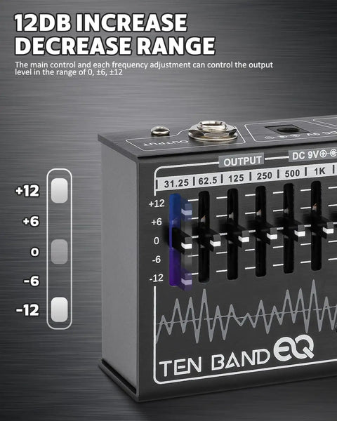 Close-up of 10 Band EQ Pedal for Electric Guitar and Bass With 31.25 Hz to 16 KHz Range showing sliders and output settings.