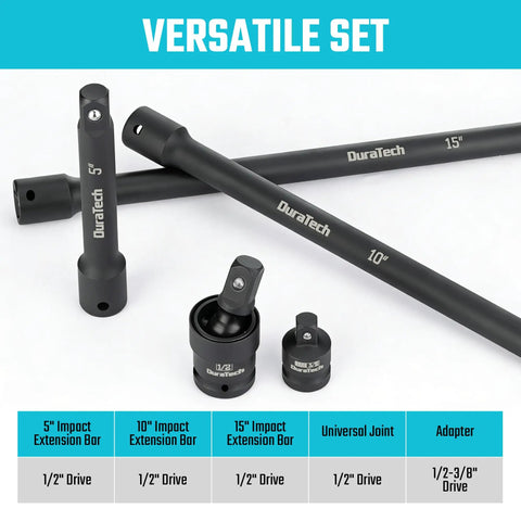 Heavy Duty One Half Inch Impact Socket Extension Set Five Piece Kit With Five Inch Ten Inch And Fifteen Inch Extensions Swivel Universal Joints And One Half To Three Eighth Inch Drive Adapter In CR V Steel For Auto And Garage Grinders displayed