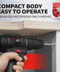 21V Cordless Drill Kit With Brushless Motor used under cabinet, compact 6-inch grip, drilling wood