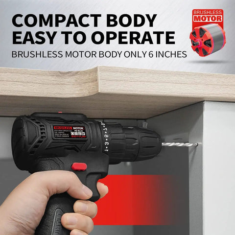 21V Cordless Drill Kit With Brushless Motor used under cabinet, compact 6-inch grip, drilling wood