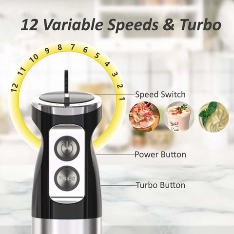 Heavy Duty Kitchen Workhorse 1000W Handheld Immersion Blender Featuring Slick Stainless Steel Shaft And Two Speed Settings control panel with speed switch and buttons.