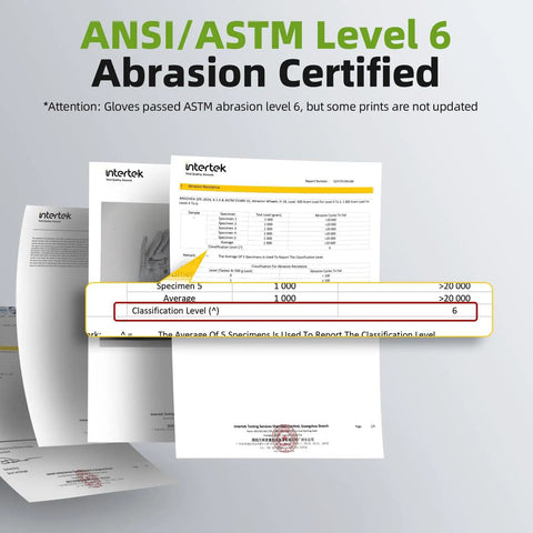 Certification documents showing ANSI Level 6 abrasion resistance for Six Pairs Heavy Duty Safety Work Gloves With ANSI Level 6 Abrasion Resistance And ANSI A2 Cut Resistant Grip For Construction Gardening Mechanic And General Use 3D Comfort LT5636.
