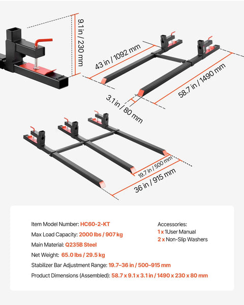 Beefy Clamp On Pallet Forks 60 Inch Long 2000 Lb Capacity For Tractors Loader Buckets And Skid Steers Adjustable Stabilizer Bar