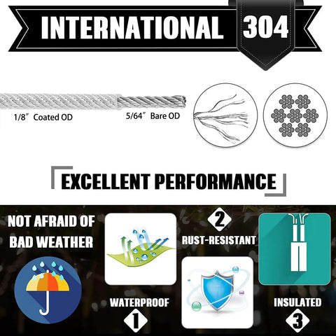 Details of Stainless Steel One Eighth Inch Cable And Turnbuckle Kit For String Lights And Outdoor Projects, performance features diagram.