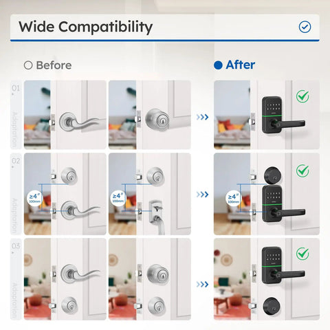 Wide compatibility of keyless entry door lock with keypad for front door, digital smart knob fitting before and after installation.