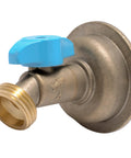 Straight Up Heavy Duty Brass Push To Connect Hose Bibb With Quarter Turn Shut Off Valve and 45 Degree Anti Kink Angle for Easy Peasy Pex Pipe Hookup and Reliable Outdoor Water Access, close-up view.