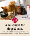 Human Grade Instant Goat Milk Powder Loaded With Probiotics To Settle Doggos And Kittens Tummies While Kickstarting Gut Health Perfect For Mixing Into Any Scoop As A Snappy Daily Nutrition Boost For Happy Fur Families 5.2 Ounces with a cat drinking and a dog looking at goat milk supplement.