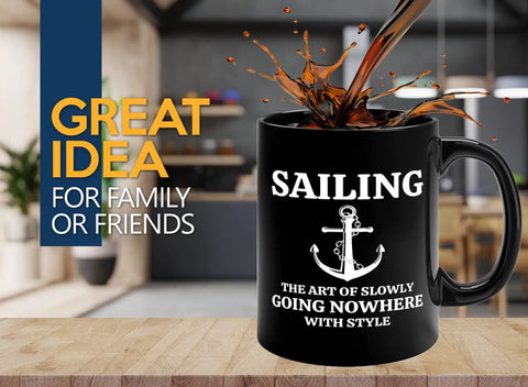 11oz Black Sailor Themed Coffee Mug For Boaters And Boat Captains Funny Lake Gift displayed with splashing coffee