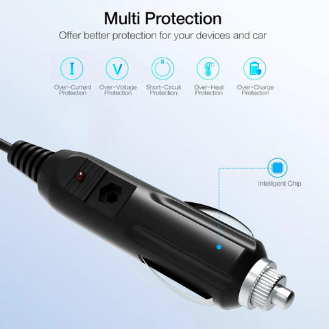 DC Car Charger For ICOM Radios Replacement Quick Charge In Vehicle Power Adapter showing safety features and intelligent chip