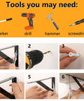 Installation steps for Heavy Duty Shelf Brackets 8 Inch By 5 Inch Wall Mount L Shaped Steel Brackets, tools and process shown.