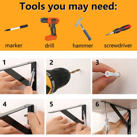 Installation steps for Heavy Duty Shelf Brackets 8 Inch By 5 Inch Wall Mount L Shaped Steel Brackets, tools and process shown.