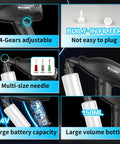 Lionbow Handheld Electric Paint Sprayer Gun with adjustable gears, multi-size needles, and large 150ML volume bottle.