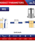 60Pcs M6 Stainless Steel Rivet Nuts Kit Flat Head Rivnut Threaded Inserts Nutsert Rivet Nut With Knurled Body diagram