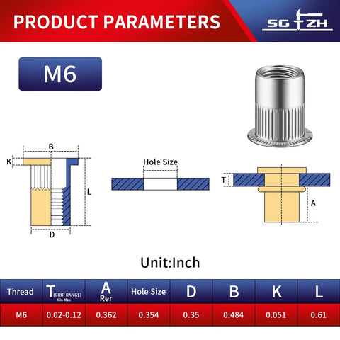 60Pcs M6 Stainless Steel Rivet Nuts Kit Flat Head Rivnut Threaded Inserts Nutsert Rivet Nut With Knurled Body diagram