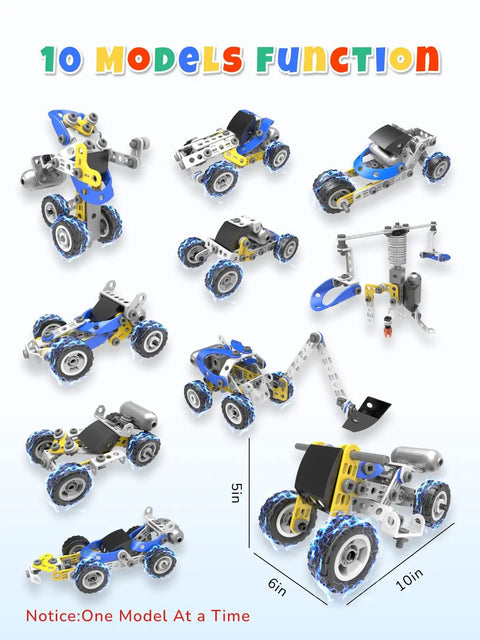 10 In 1 STEM Toys For Kids Ages 4 5 6 7 8 Build Kit With Electric Motor showing 10 model options, including excavator and crane.